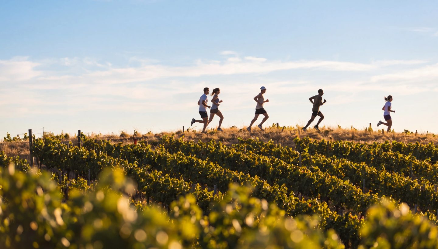 Runners along a vineyard ridge at sunrise