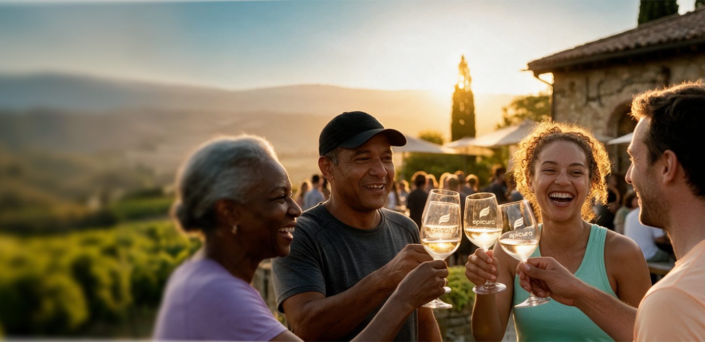 Four friends raising Epicura glasses at a winery at sunset