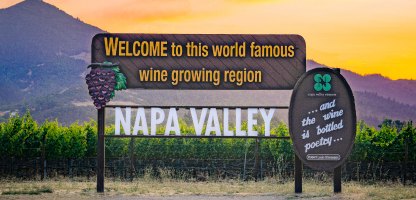 The Welcome to Napa Valley sign at sunset